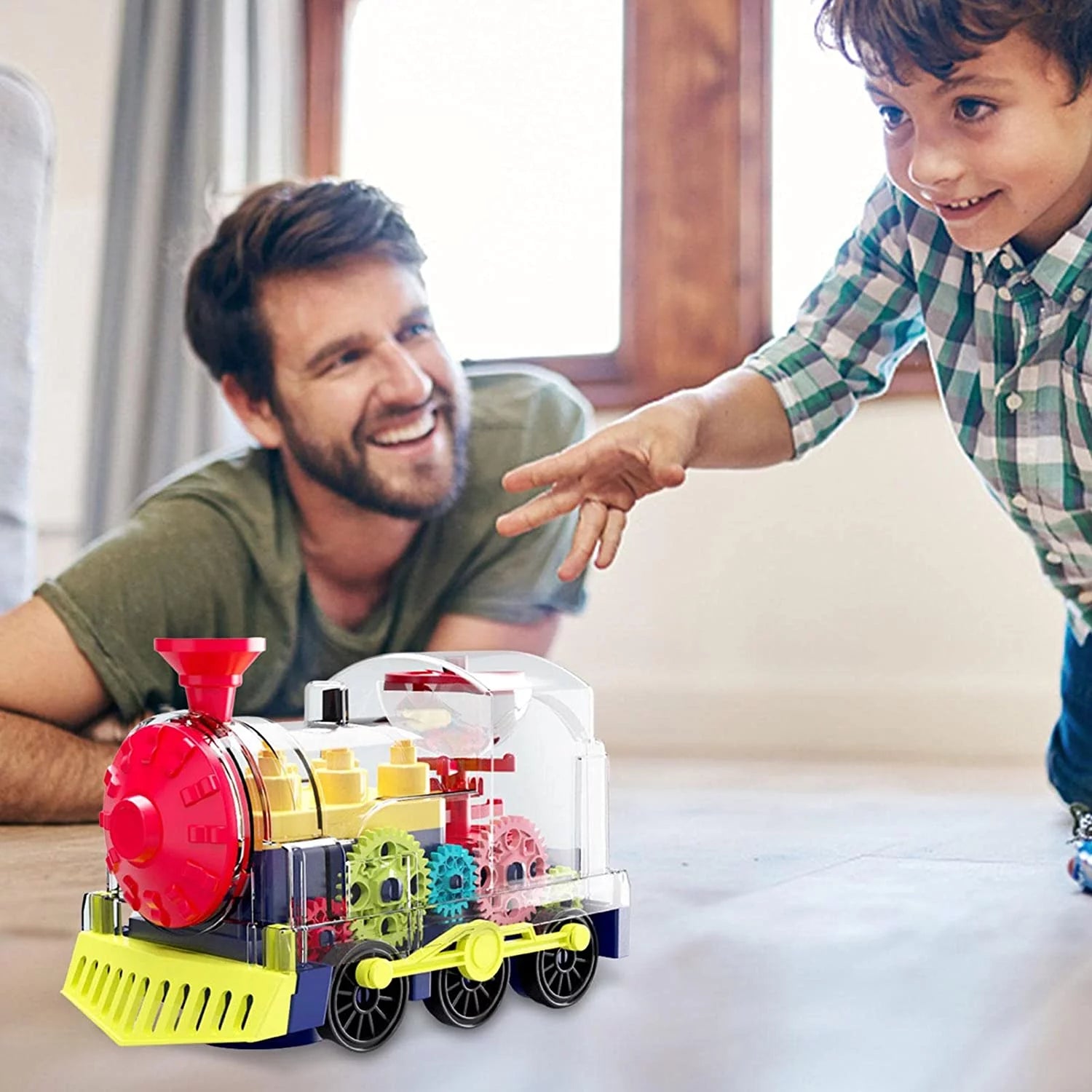 Transparent Electric Gear Train Toy, Music Light Rotating Toy Train with Battery Operated, Children'S Birthday Gift Educational Gear Toy for Kids Toddlers