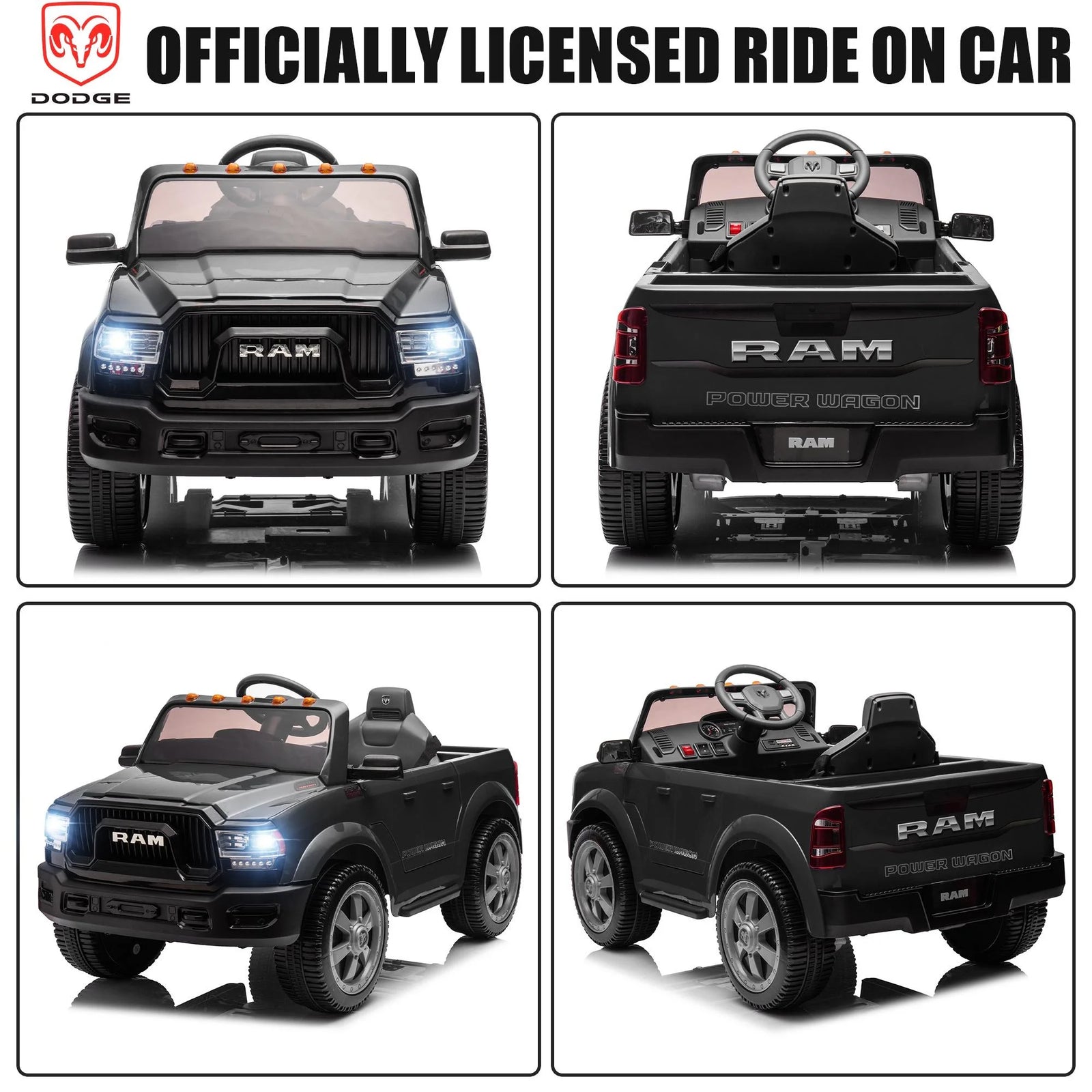 Dodge RAM Ride on Truck Car, 12V Powered Ride on Toy with Remote Control, Rear Wheel Suspension, 5 Point Safety Belt, MP3 Player, Bluetooth, LED Lights, Electric Car for 3-5 Years Boys Girls, Black