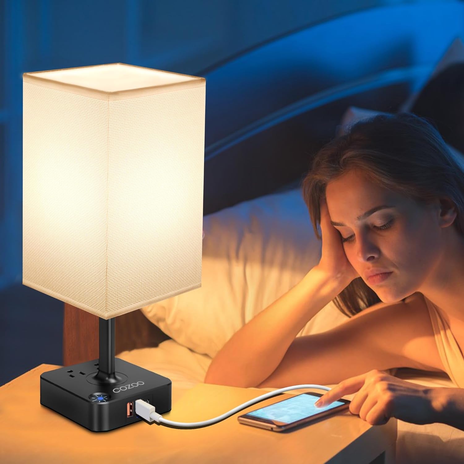 USB Bedside Table & Desk Lamp with 3 USB Charging Ports and 2 Outlets Power Strip,Black Charger Base with White Fabric Shade, LED Light for Bedroom/Nightstand/Living Room