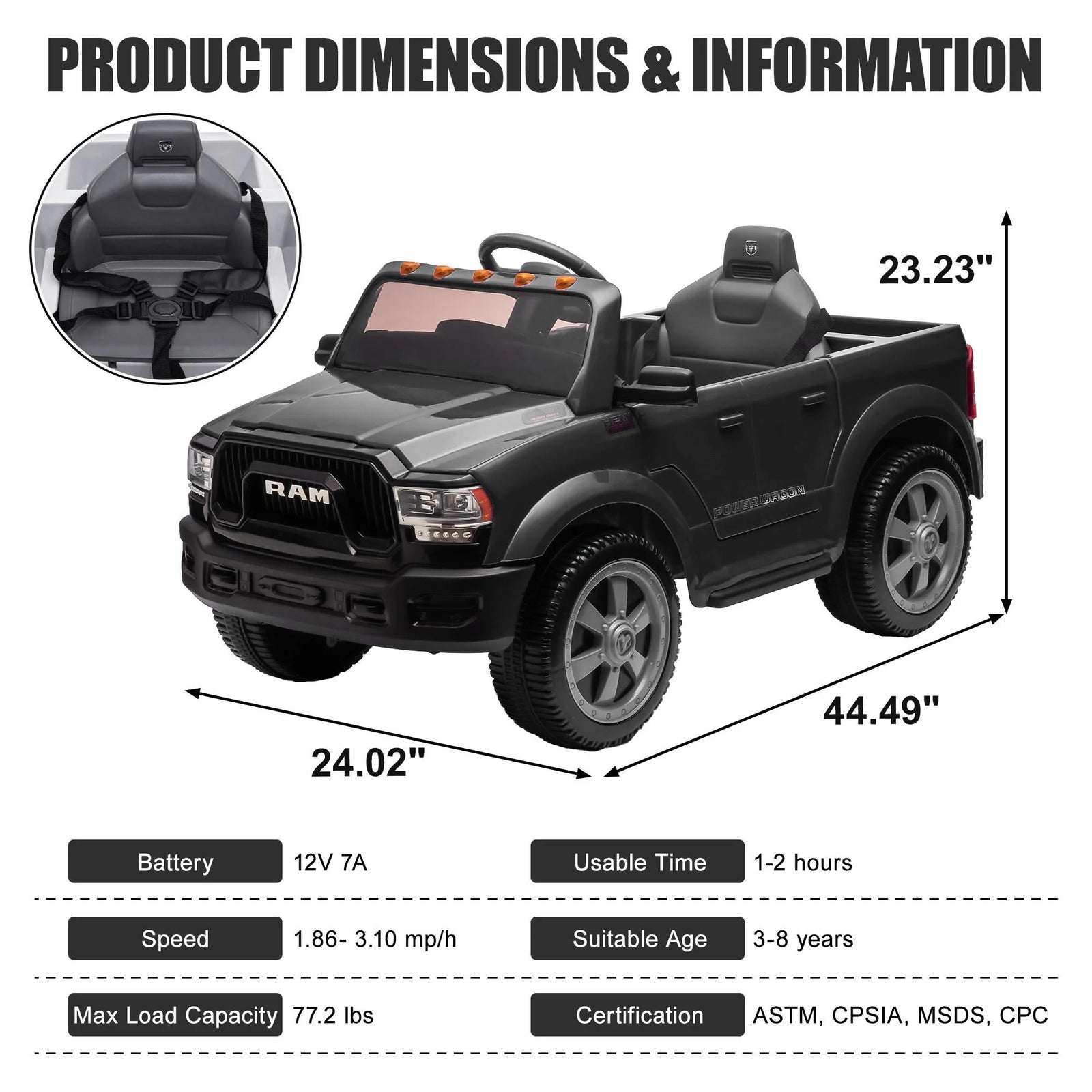 Dodge RAM Ride on Truck Car, 12V Powered Ride on Toy with Remote Control, Rear Wheel Suspension, 5 Point Safety Belt, MP3 Player, Bluetooth, LED Lights, Electric Car for 3-5 Years Boys Girls, Black