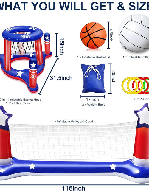 Load image into Gallery viewer, Large Inflatable Pool Games Volleyball Net &amp; Basketball Hoop with 2 Beach Balls American Flag Swimming Pool Water Toys for Adult Kids Pool Floating Patriotic Party Supplies(116”X46”X30”) Hoop(31”X24”)
