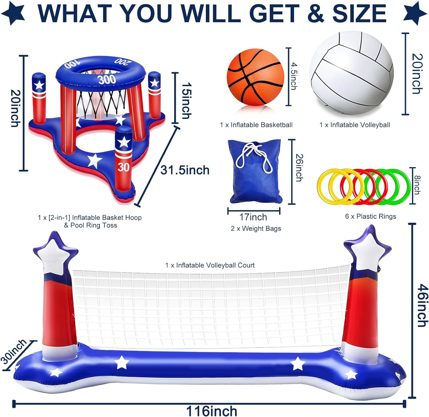 Large Inflatable Pool Games Volleyball Net & Basketball Hoop with 2 Beach Balls American Flag Swimming Pool Water Toys for Adult Kids Pool Floating Patriotic Party Supplies(116”X46”X30”) Hoop(31”X24”)