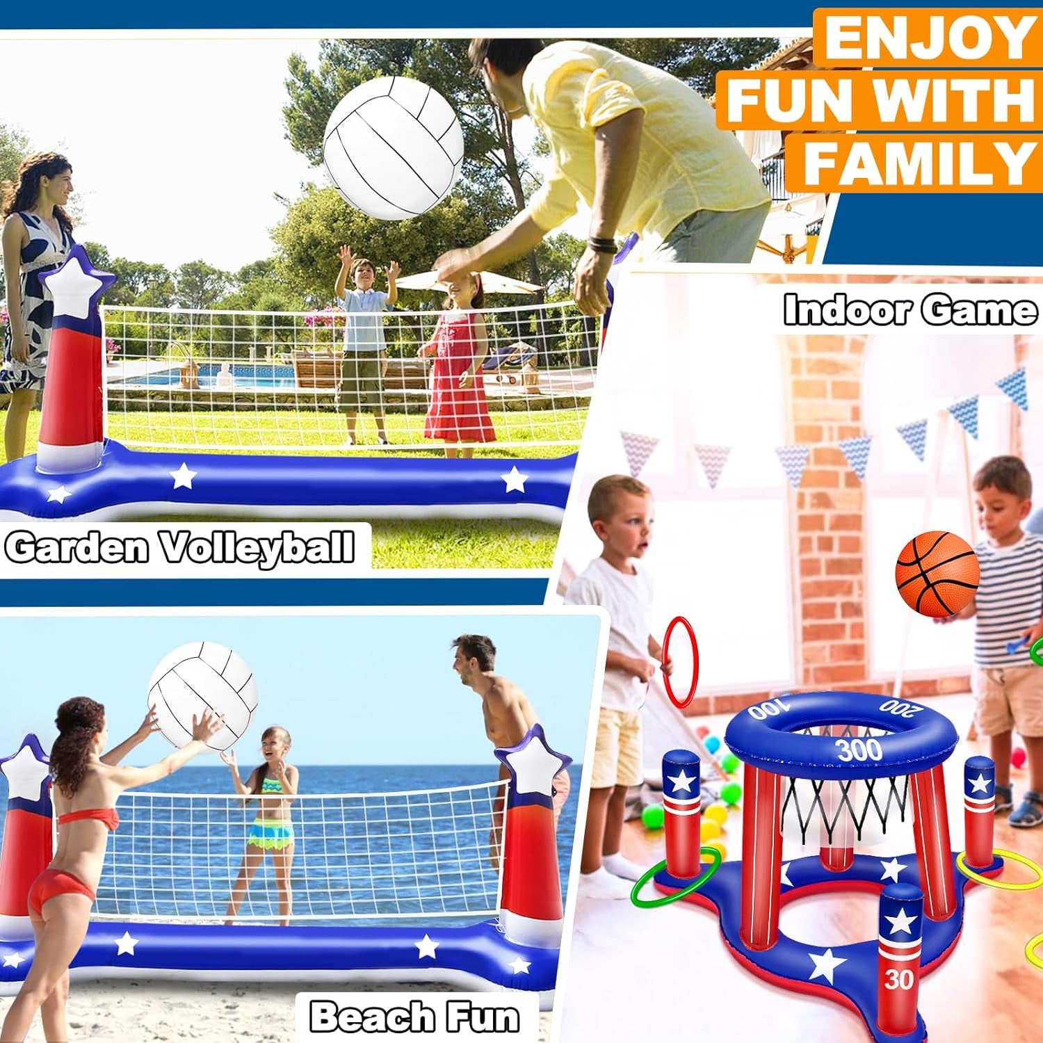 Large Inflatable Pool Games Volleyball Net & Basketball Hoop with 2 Beach Balls American Flag Swimming Pool Water Toys for Adult Kids Pool Floating Patriotic Party Supplies(116”X46”X30”) Hoop(31”X24”)