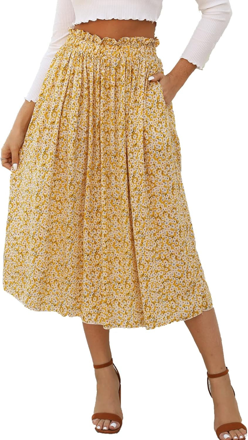 Women'S Skirts High Elastic Waist Casual Skirt Pleated Floral/Solid Long Skirts with Pockets