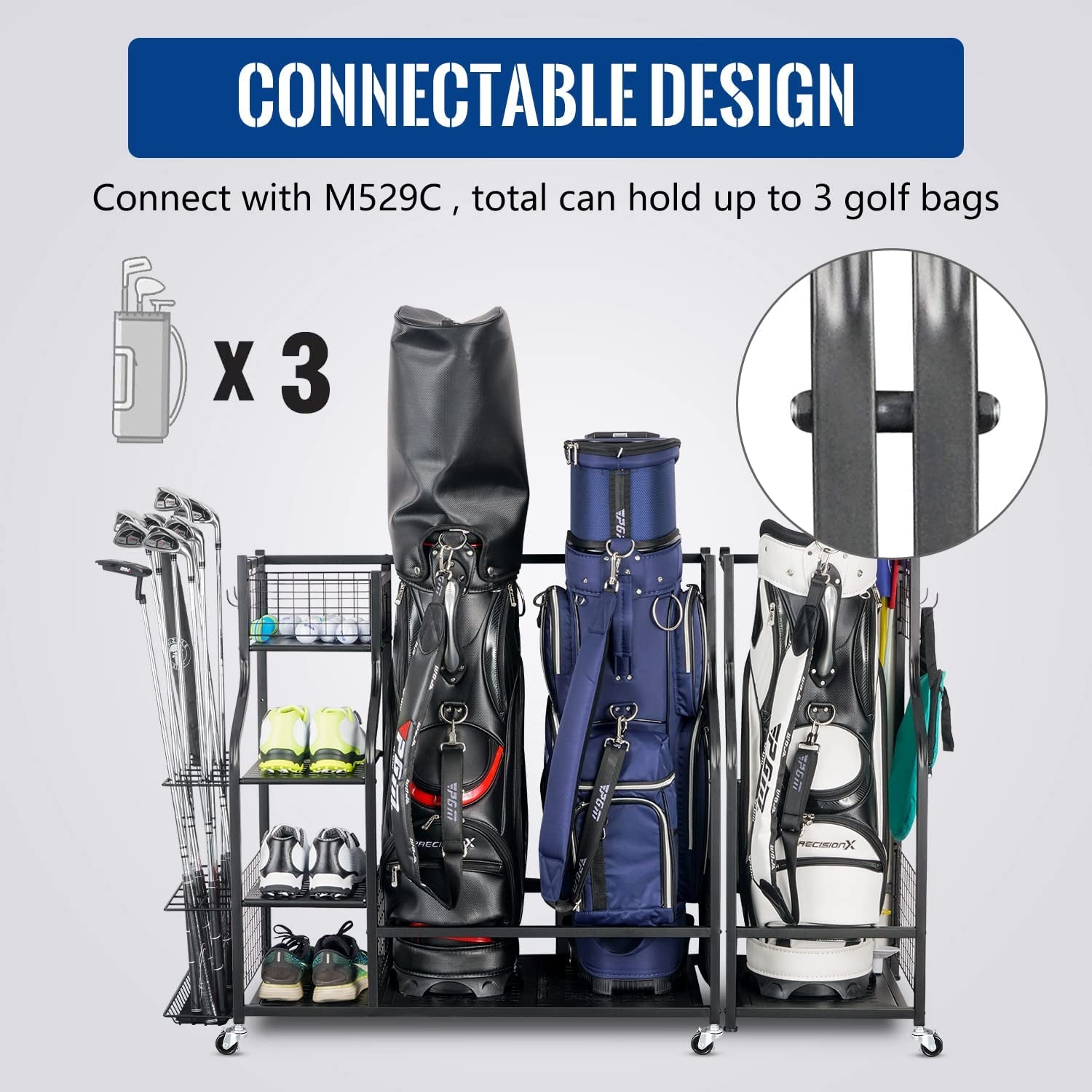 Golf Storage Garage Organizer, Golf Bag Storage Stand and Other Golfing Equipment Rack, Extra Storage Rack for Golf Clubs