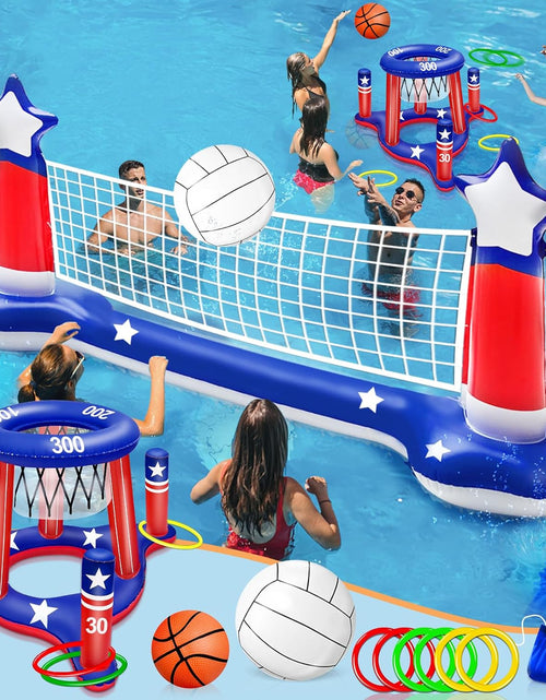 Load image into Gallery viewer, Large Inflatable Pool Games Volleyball Net &amp; Basketball Hoop with 2 Beach Balls American Flag Swimming Pool Water Toys for Adult Kids Pool Floating Patriotic Party Supplies(116”X46”X30”) Hoop(31”X24”)
