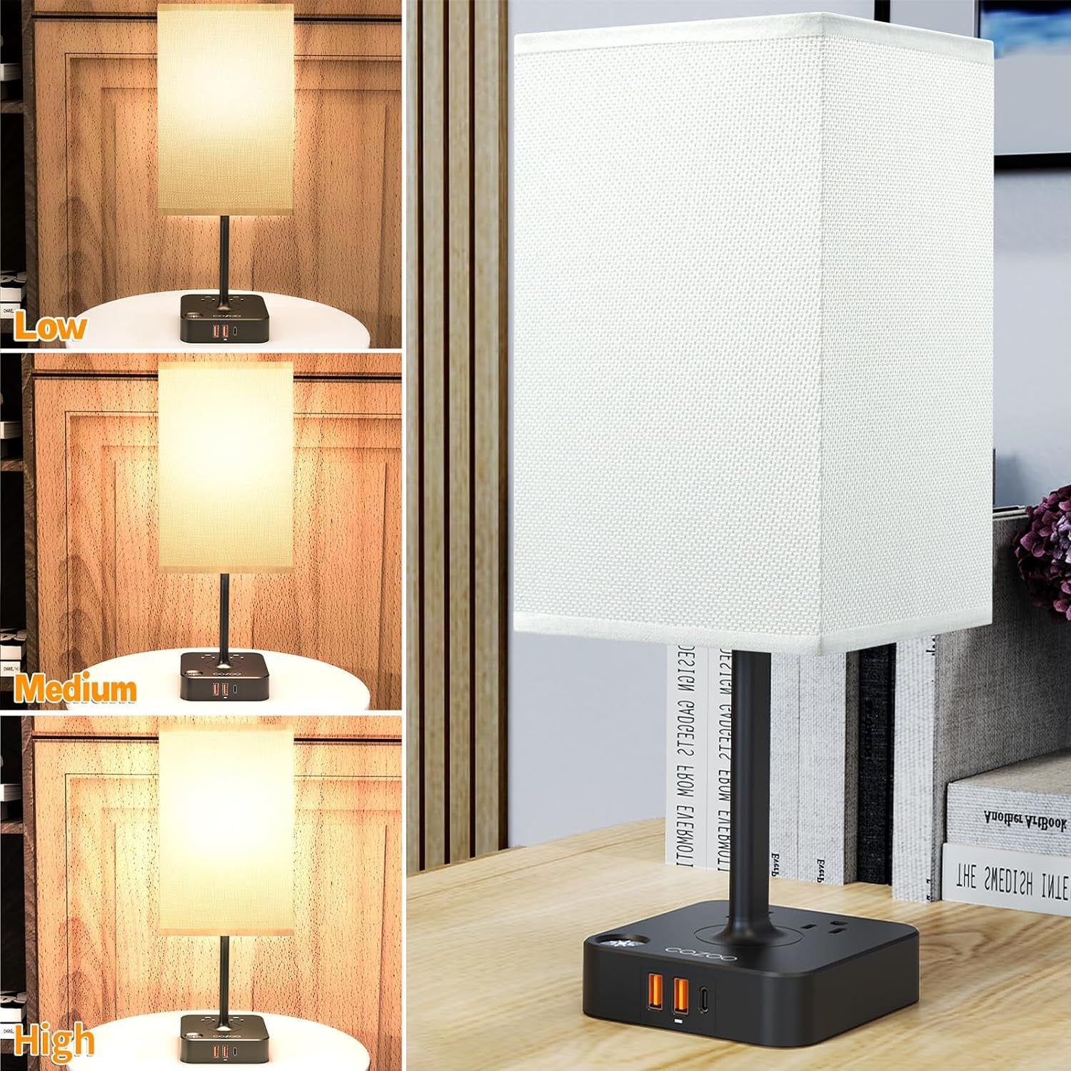 USB Bedside Table & Desk Lamp with 3 USB Charging Ports and 2 Outlets Power Strip,Black Charger Base with White Fabric Shade, LED Light for Bedroom/Nightstand/Living Room