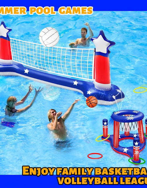 Load image into Gallery viewer, Large Inflatable Pool Games Volleyball Net &amp; Basketball Hoop with 2 Beach Balls American Flag Swimming Pool Water Toys for Adult Kids Pool Floating Patriotic Party Supplies(116”X46”X30”) Hoop(31”X24”)
