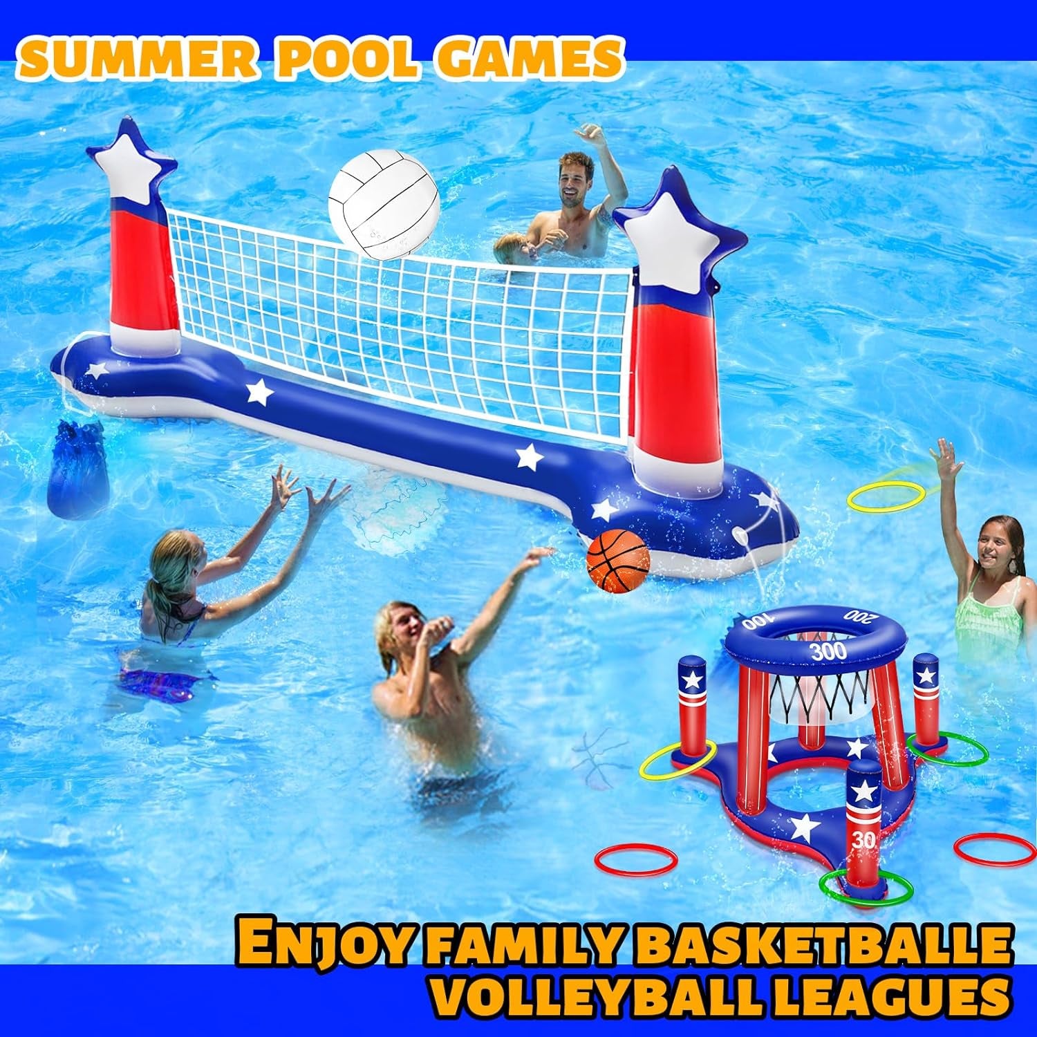 Large Inflatable Pool Games Volleyball Net & Basketball Hoop with 2 Beach Balls American Flag Swimming Pool Water Toys for Adult Kids Pool Floating Patriotic Party Supplies(116”X46”X30”) Hoop(31”X24”)