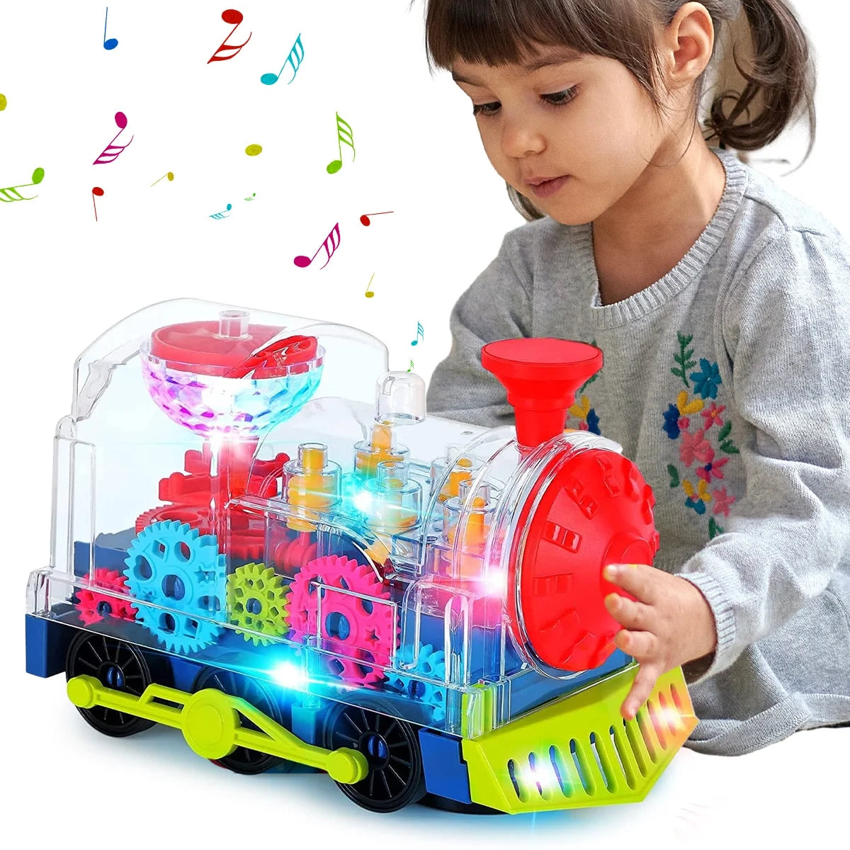 Transparent Electric Gear Train Toy, Music Light Rotating Toy Train with Battery Operated, Children'S Birthday Gift Educational Gear Toy for Kids Toddlers