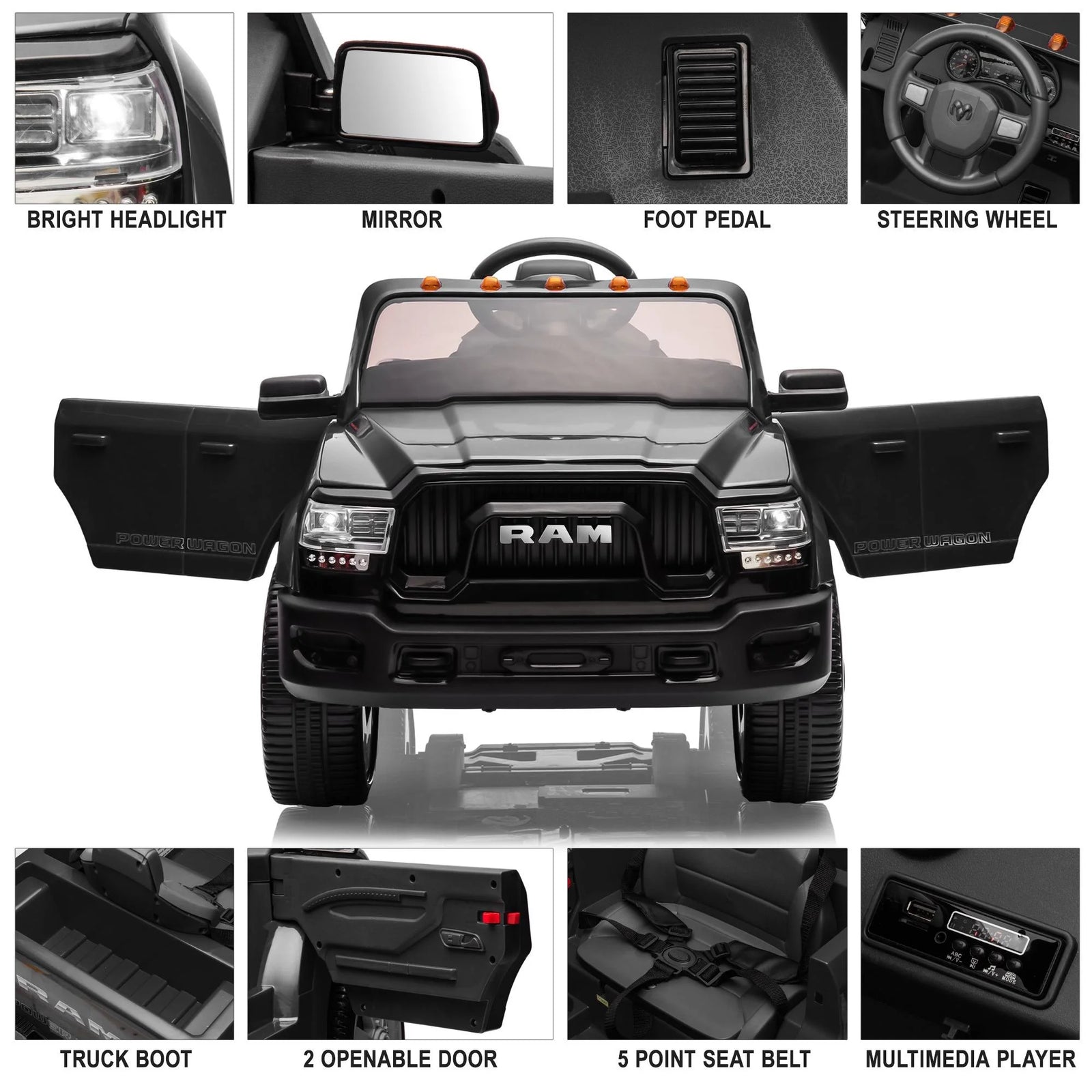 Dodge RAM Ride on Truck Car, 12V Powered Ride on Toy with Remote Control, Rear Wheel Suspension, 5 Point Safety Belt, MP3 Player, Bluetooth, LED Lights, Electric Car for 3-5 Years Boys Girls, Black