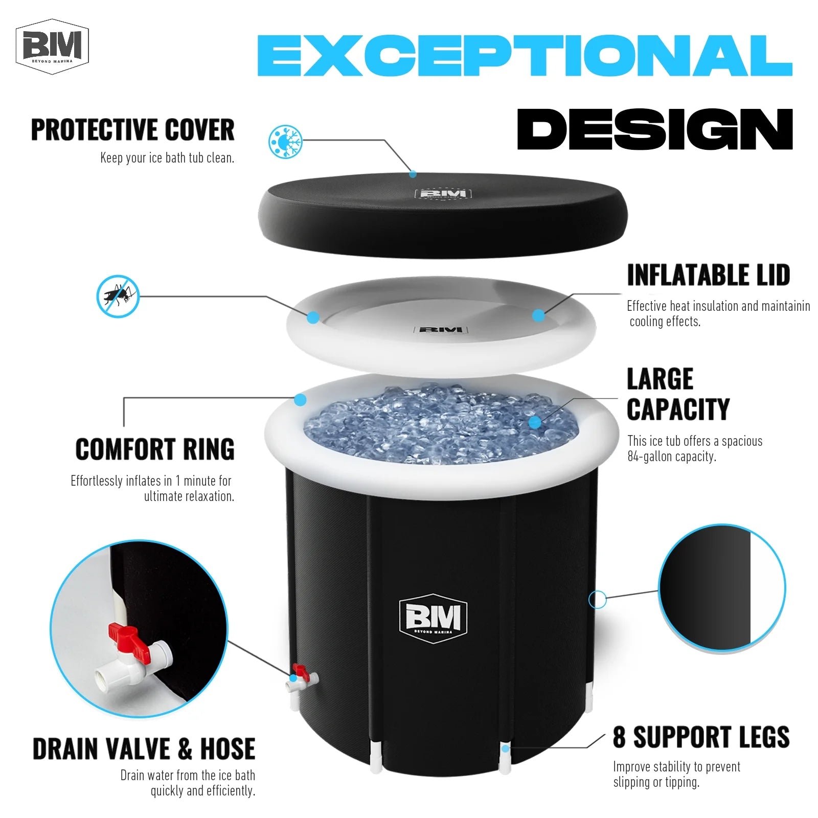 Ice Bath Tub for Athletes Portable Cold Plunge Tub Outdoor, Inflatable Recovery Bathtub for Adults, Easy Install, 106 Gallons Capacity-2 Valves