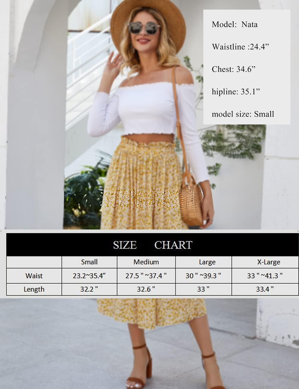 Women'S Skirts High Elastic Waist Casual Skirt Pleated Floral/Solid Long Skirts with Pockets