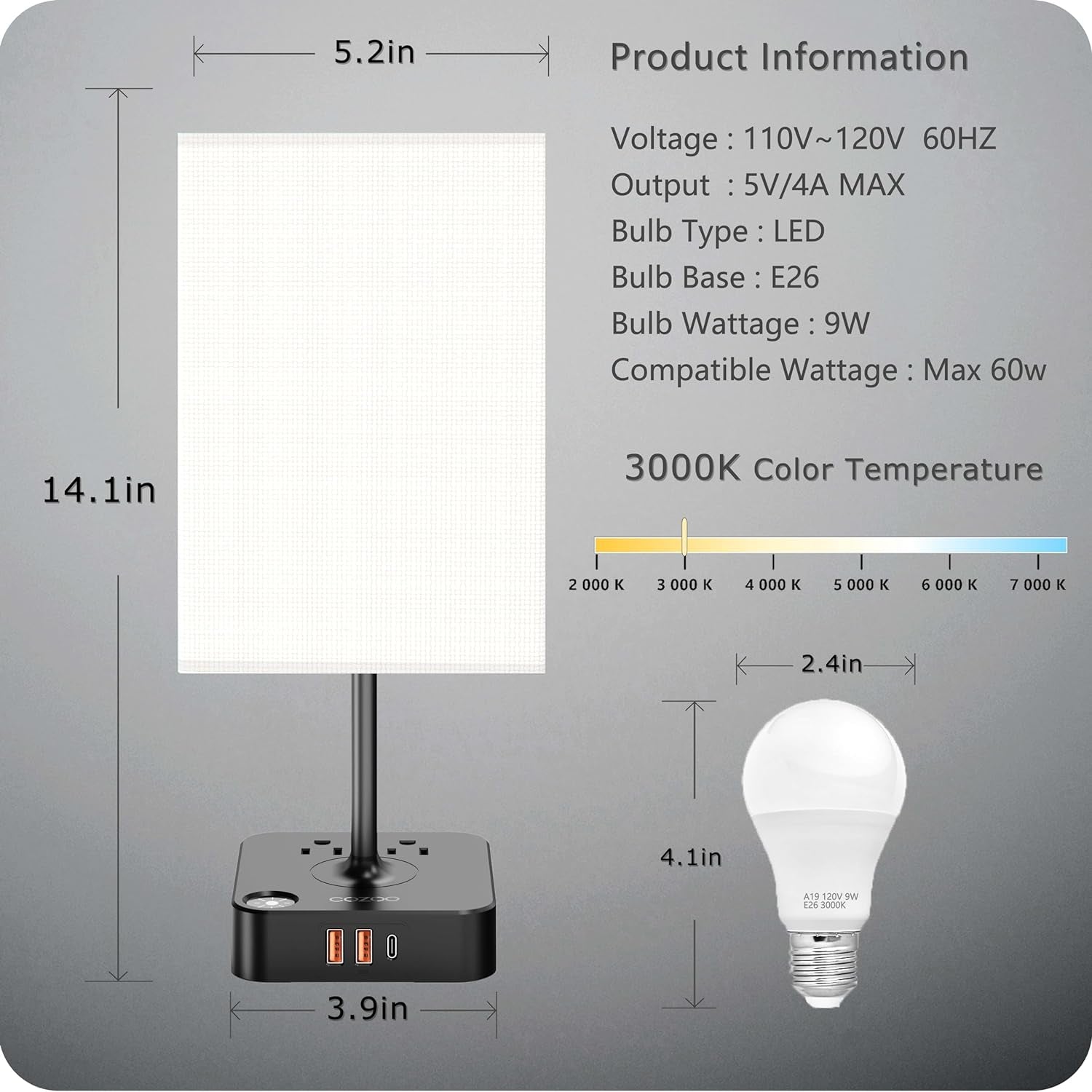 USB Bedside Table & Desk Lamp with 3 USB Charging Ports and 2 Outlets Power Strip,Black Charger Base with White Fabric Shade, LED Light for Bedroom/Nightstand/Living Room