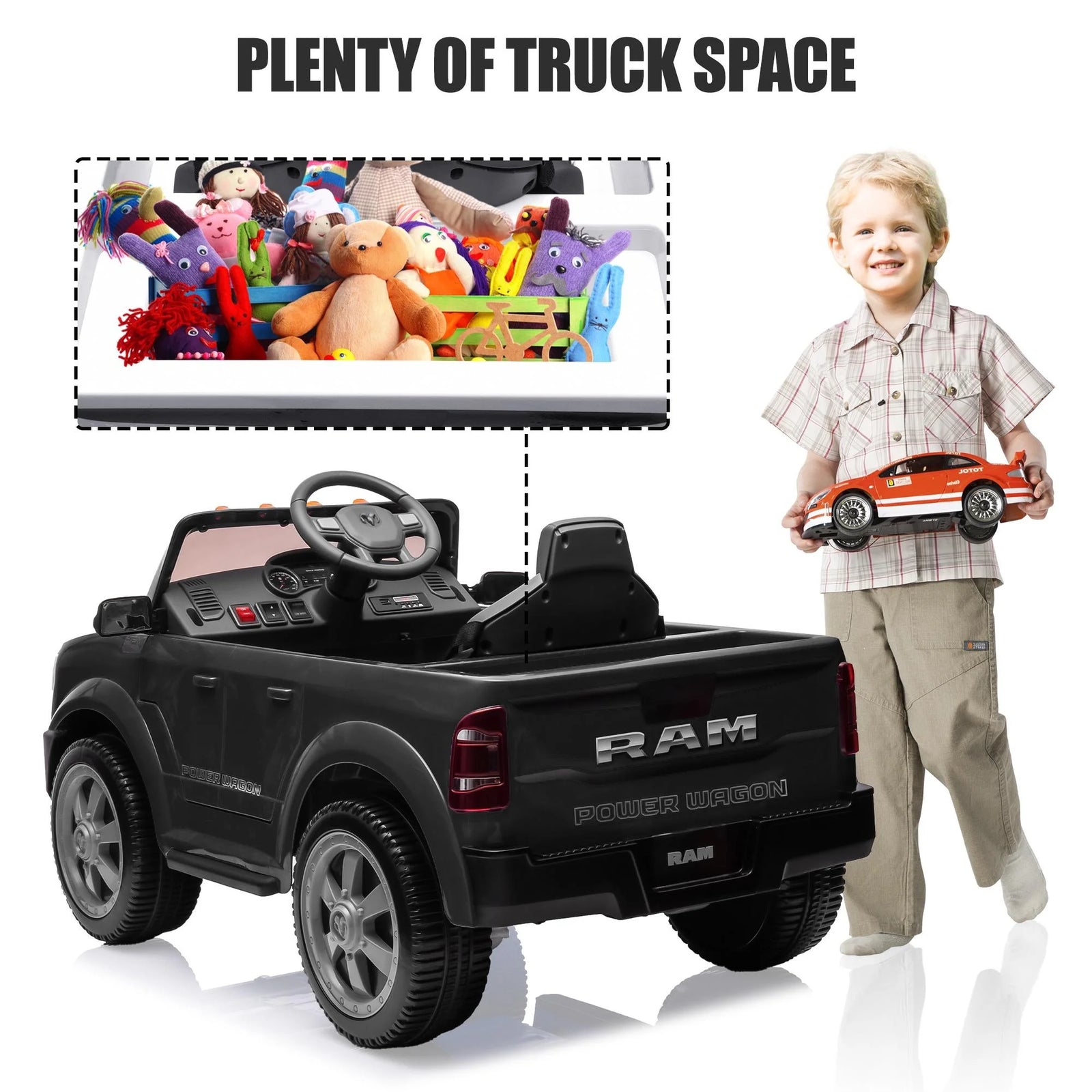 Dodge RAM Ride on Truck Car, 12V Powered Ride on Toy with Remote Control, Rear Wheel Suspension, 5 Point Safety Belt, MP3 Player, Bluetooth, LED Lights, Electric Car for 3-5 Years Boys Girls, Black