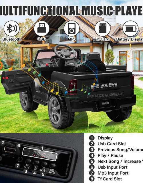 Load image into Gallery viewer, Dodge RAM Ride on Truck Car, 12V Powered Ride on Toy with Remote Control, Rear Wheel Suspension, 5 Point Safety Belt, MP3 Player, Bluetooth, LED Lights, Electric Car for 3-5 Years Boys Girls, Black
