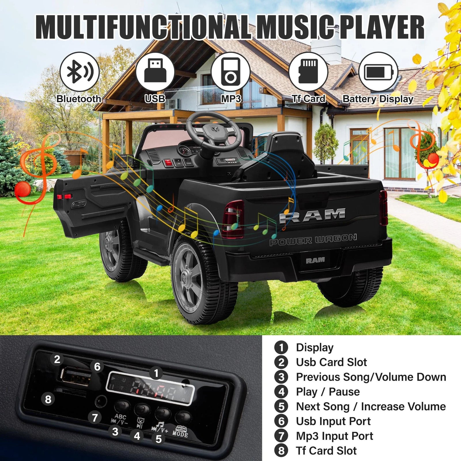 Dodge RAM Ride on Truck Car, 12V Powered Ride on Toy with Remote Control, Rear Wheel Suspension, 5 Point Safety Belt, MP3 Player, Bluetooth, LED Lights, Electric Car for 3-5 Years Boys Girls, Black