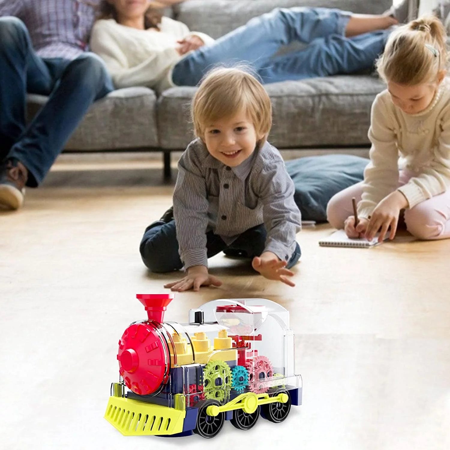 Transparent Electric Gear Train Toy, Music Light Rotating Toy Train with Battery Operated, Children'S Birthday Gift Educational Gear Toy for Kids Toddlers